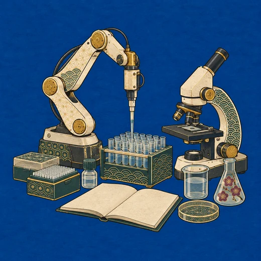 Woodblock-style painting of a robotic arm, a microscope and an open notebook at a laboratory bench.
