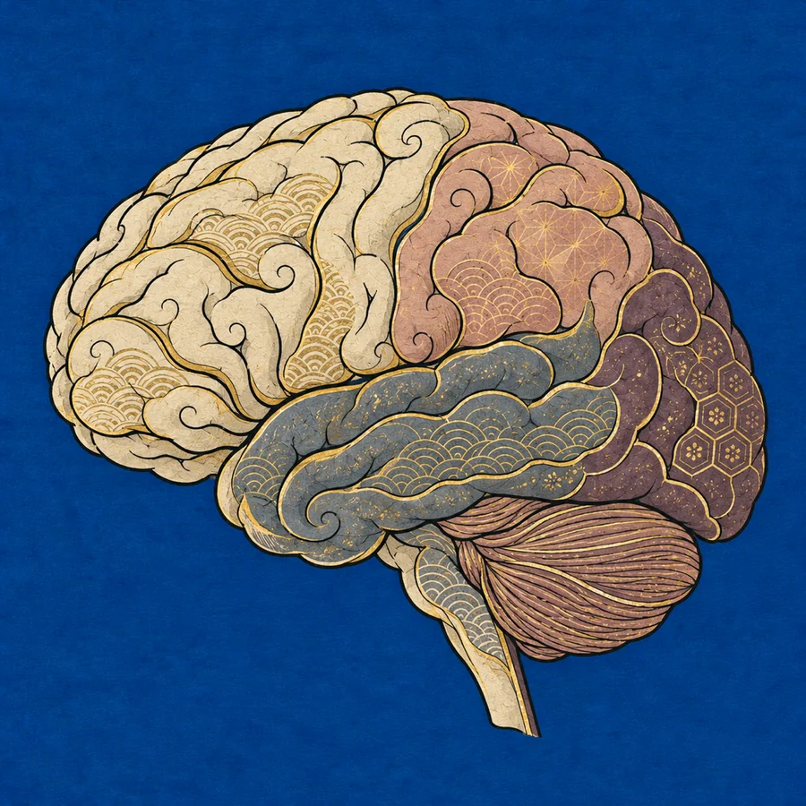 Woodblock-style painting of a human brain with a lattice of gold lines running through its folds.