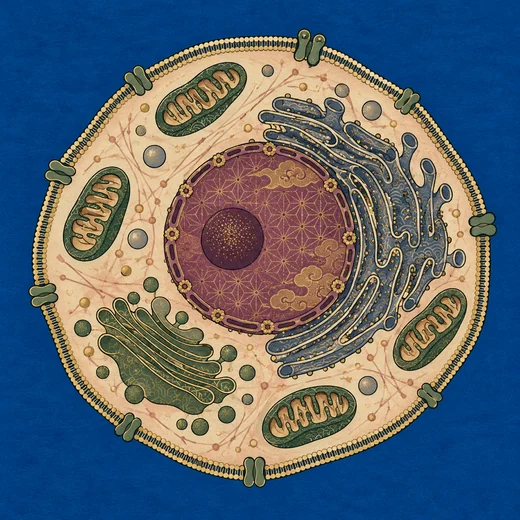 Woodblock-style painting of a cell with its nucleus and organelles.