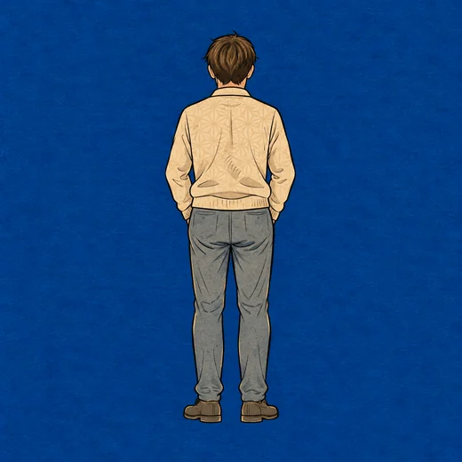 Woodblock-style painting of a human seen from behind.