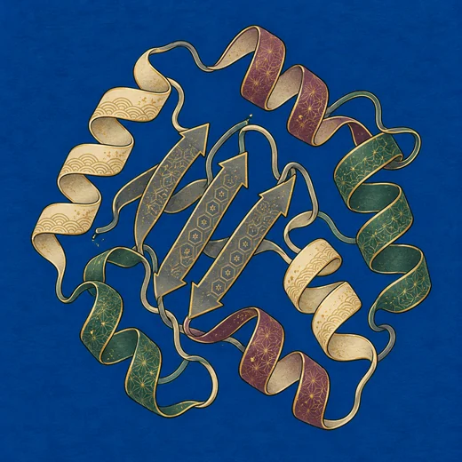 Woodblock-style painting of a protein structure.