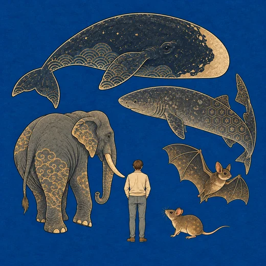 Woodblock-style painting of a bowhead whale, a Greenland shark, an elephant, a human, a bat and a mouse.